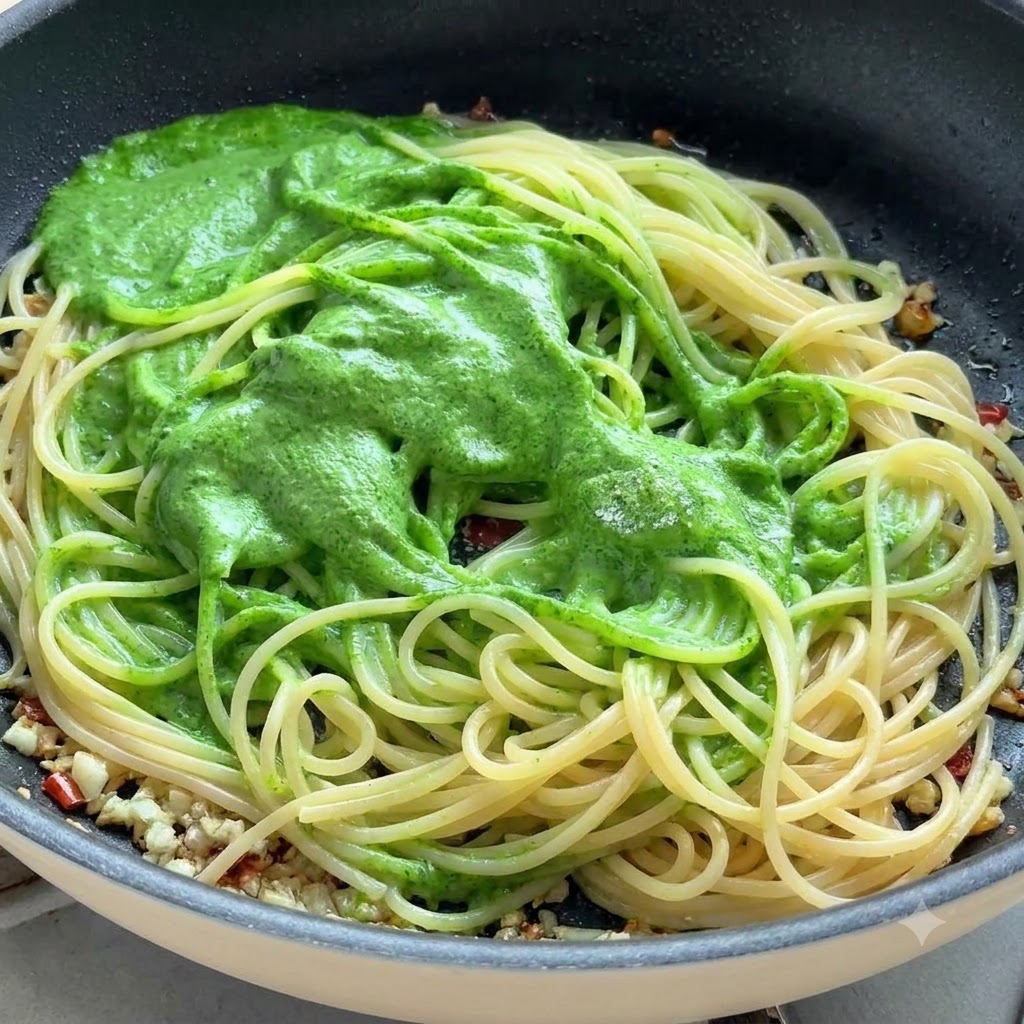 トングを使って、フライパンの中でスパゲッティと緑色のペストソースを混ぜ合わせているところ。