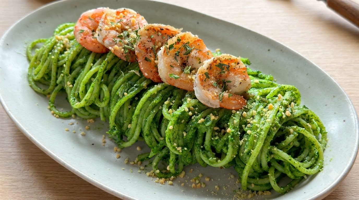黒トリュフと海老のほうれん草ペストパスタ