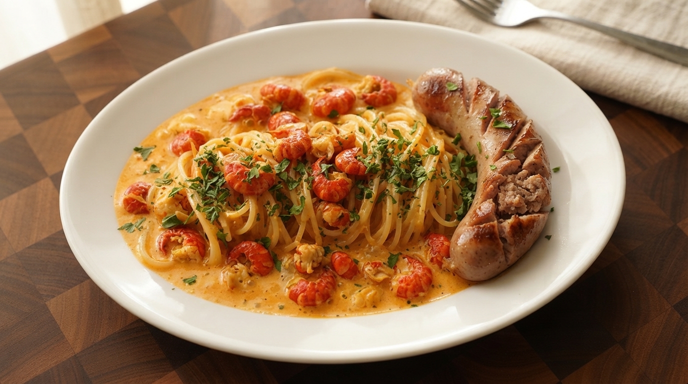 スパイシーでクリーミーなザリガニとソーセージのパスタ