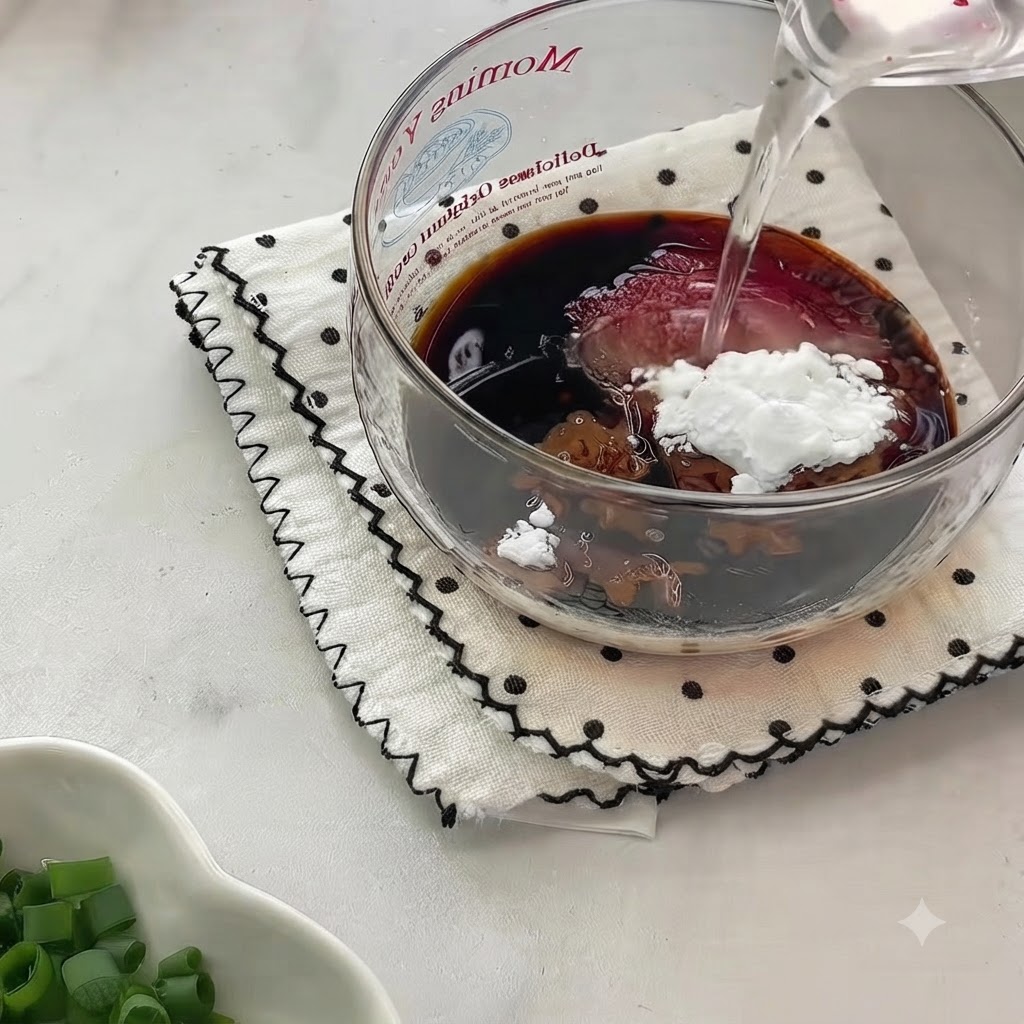 醤油、調味料、片栗粉が入ったガラスボウルに水を注いでいる様子。