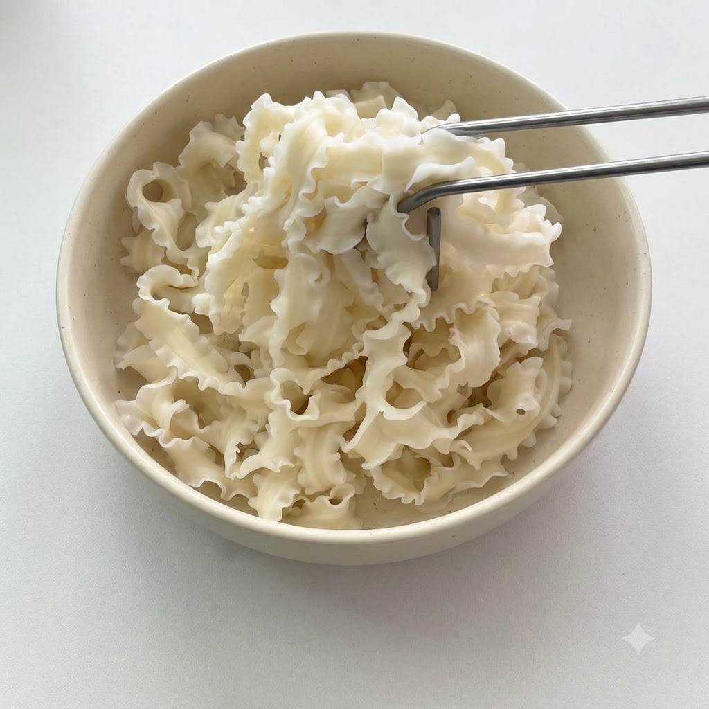茹で上がったちぢれ麺を金属製の箸で白い陶器のボウルに盛り付けている様子。