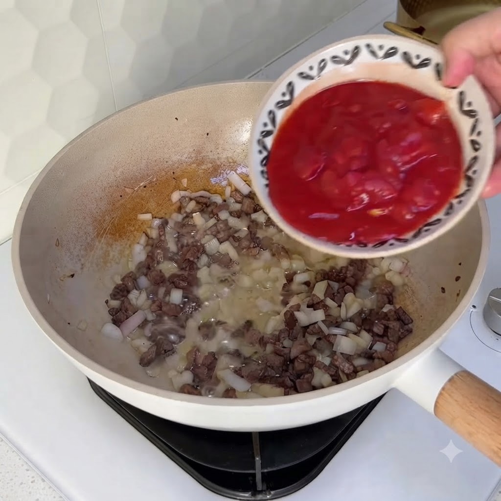 小さなボウルから、牛肉と玉ねぎが入った中華鍋に赤い角切りトマトが投入されている様子。