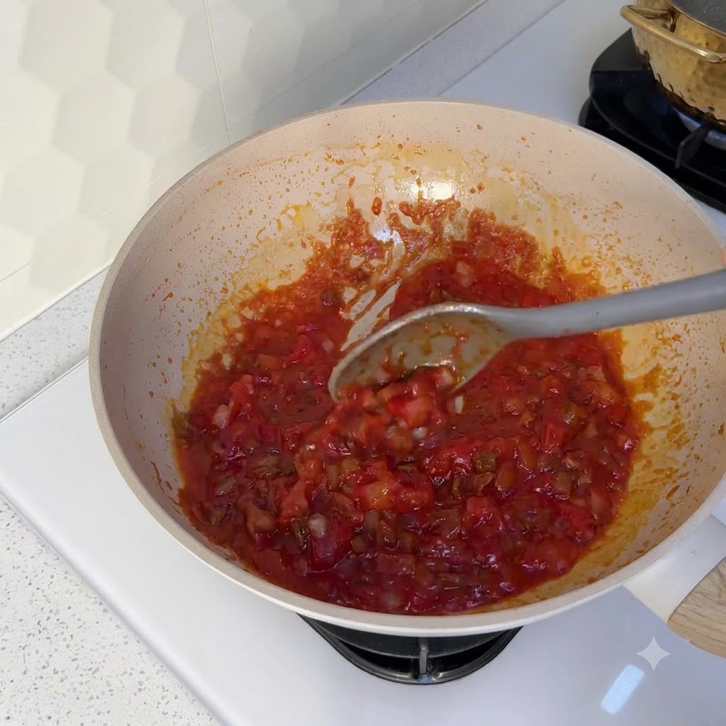 グレーの調理用スプーンで、中華鍋の中の濃厚な赤いトマトと牛肉のミックスを混ぜ合わせている様子。