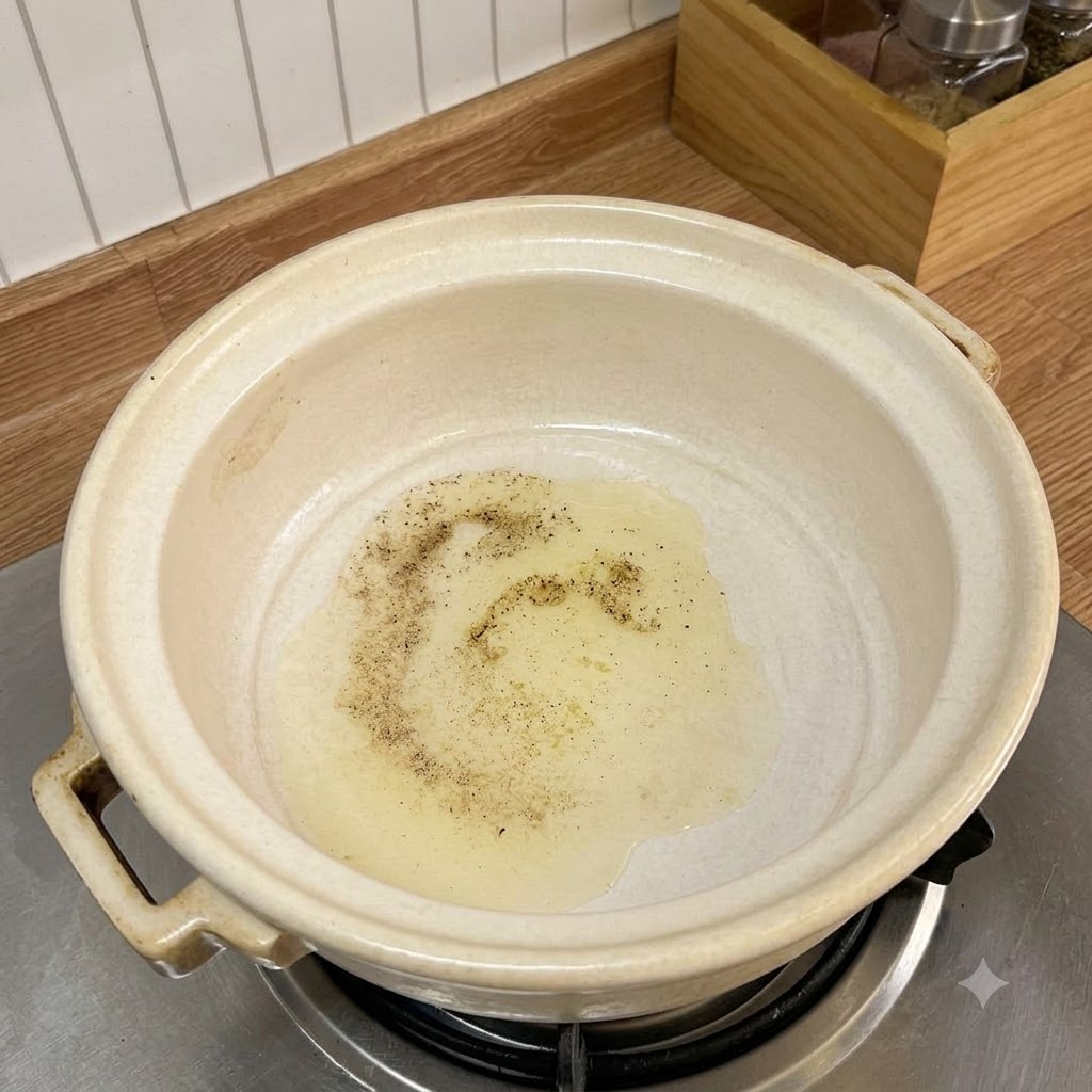 コンロ上のセラミック鍋の熱した油の中でジュージューと炒められるみじん切りのニンニク。