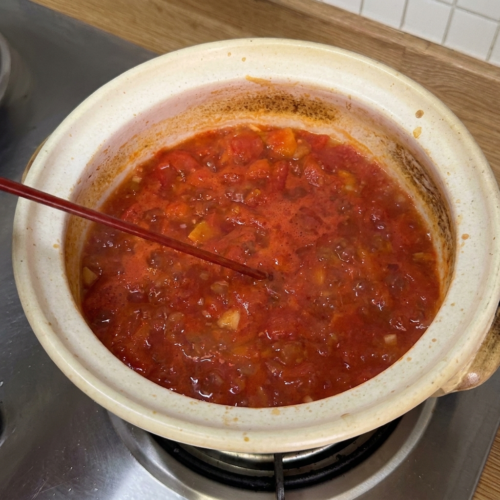 煮立っているトマトベースにさまざまなソースや調味料が加えられ、混ぜ合わされている様子。