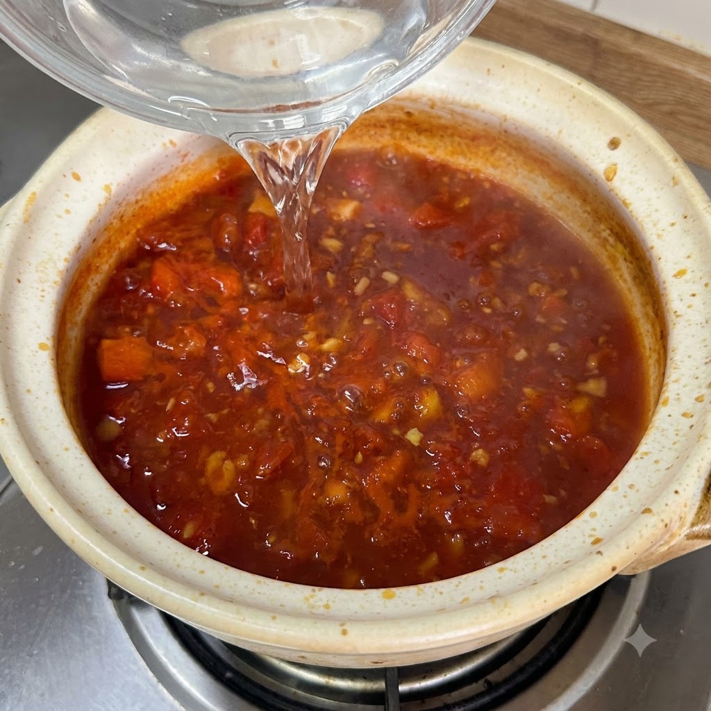 セラミック鍋の中の沸騰したトマトスープで茹でられている生麺。