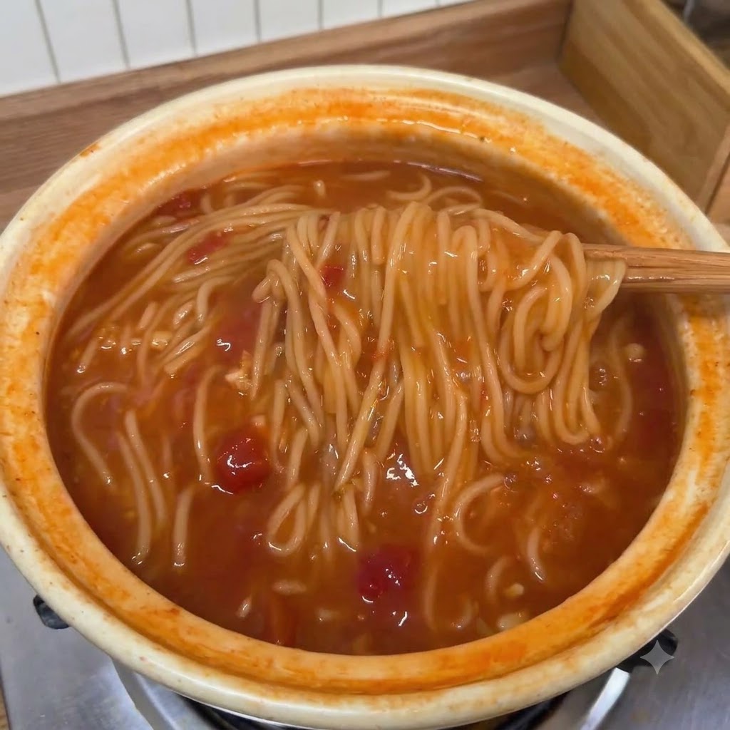 さまざまな具材が詰まった濃厚なトマトスープの鍋から、箸で茹で上がった麺を持ち上げている様子。