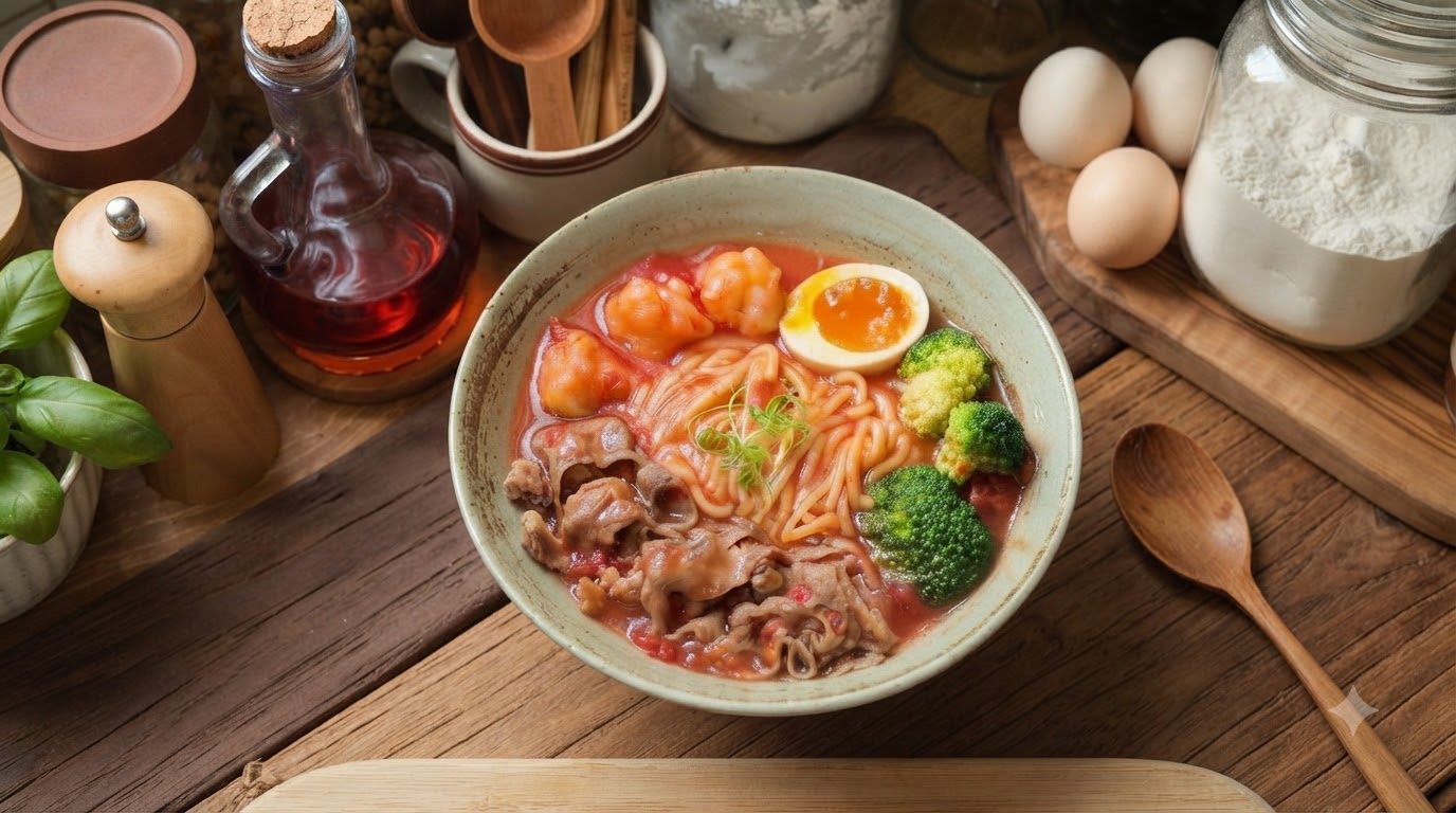 トマトと牛バラ肉のとろみスープ麺 ティー風味のピーチを添えて