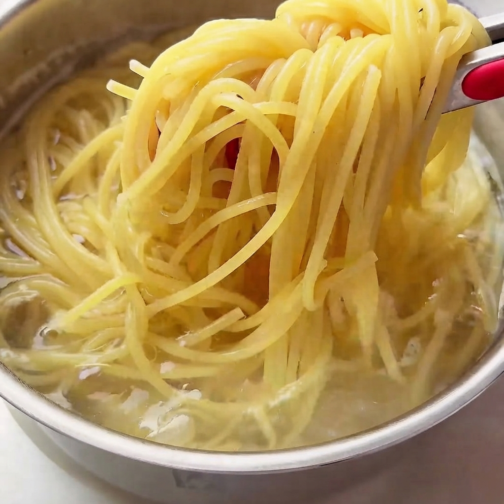 トングを使って茹で上がったパスタを冷水の入ったボウルに移している様子。