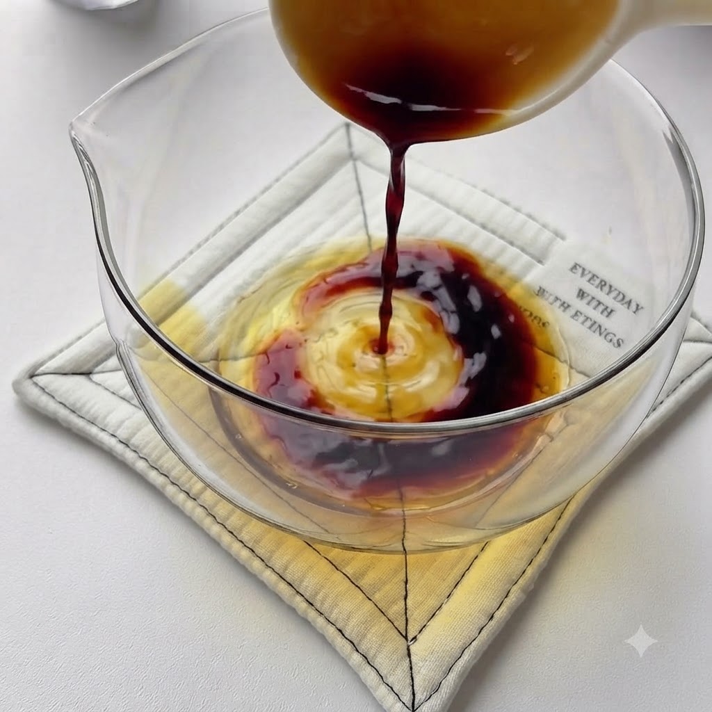 計量カップの中でソースや調味料が注がれ、混ぜ合わされている様子。