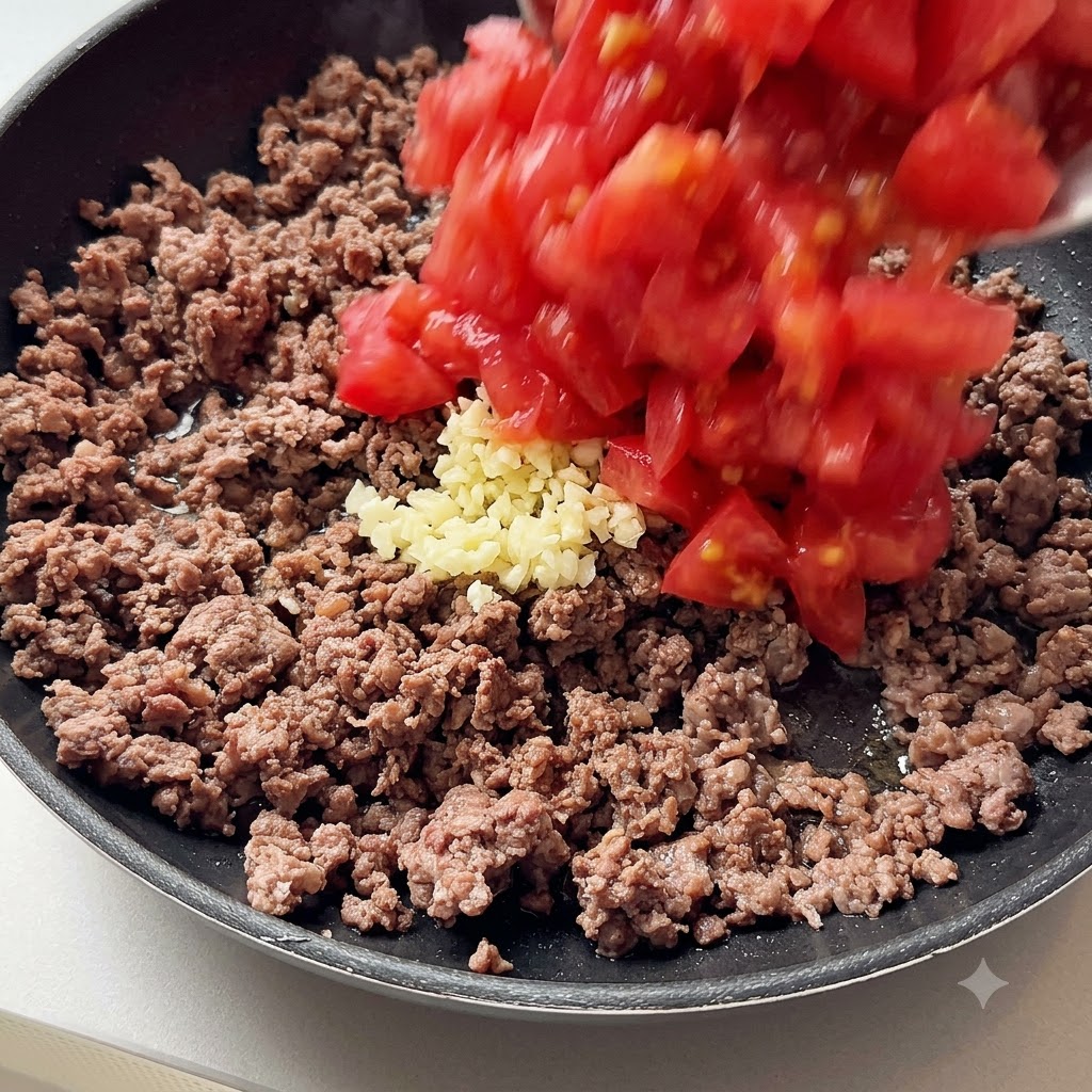 炒めた牛ひき肉の入ったフライパンに、刻んだにんにくと角切りトマトが加えられている様子。