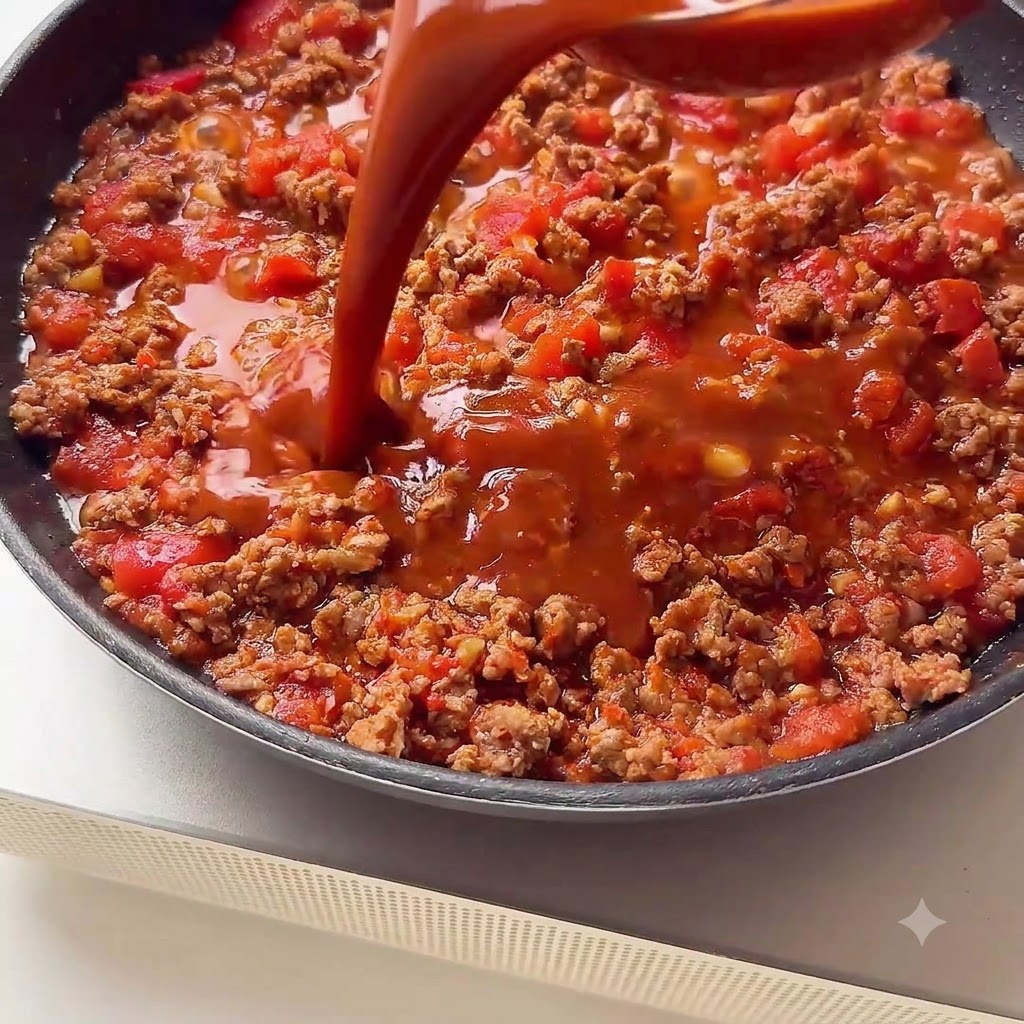 調理済みの牛肉と角切りトマトが入ったフライパンに、容器から濃厚な赤茶色のソースが注がれている様子。