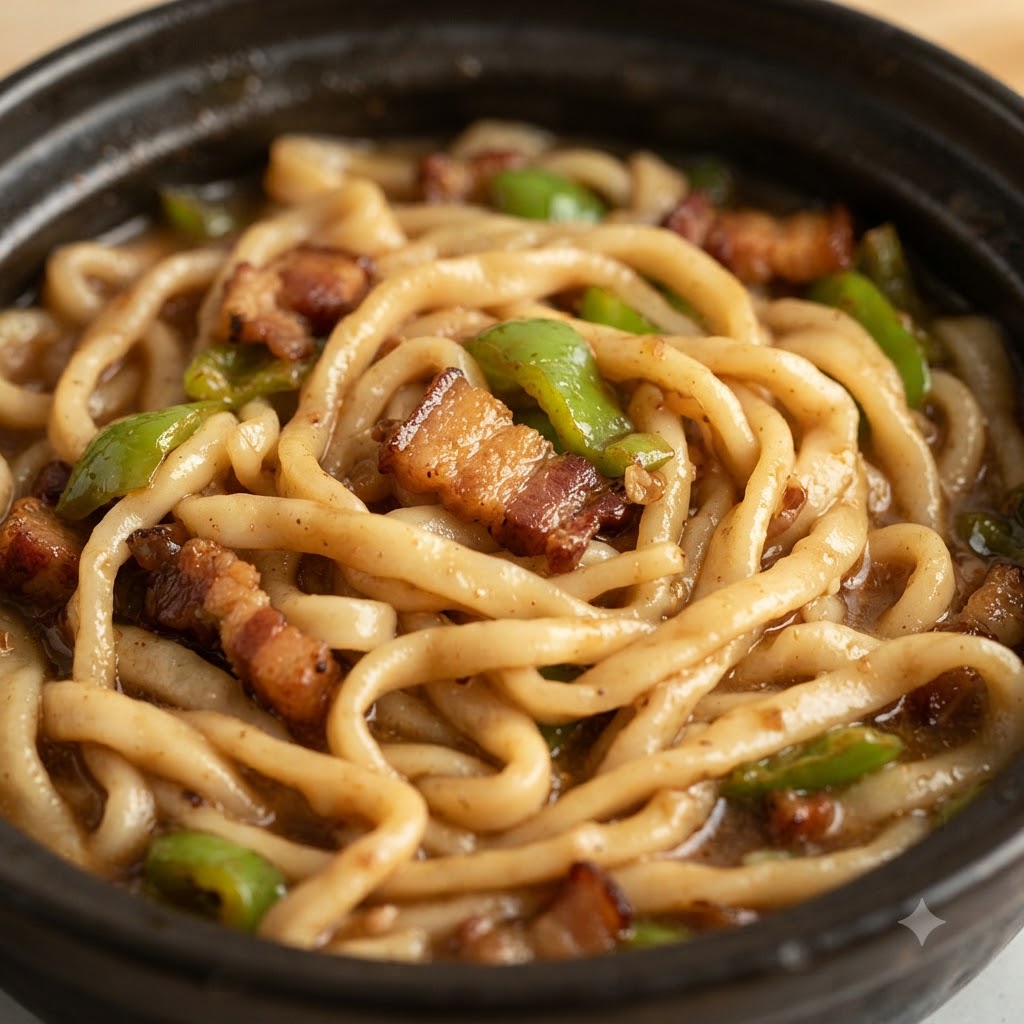 お肉と野菜が入った味付けされたスープが、鍋の中で穏やかに煮込まれている様子。
