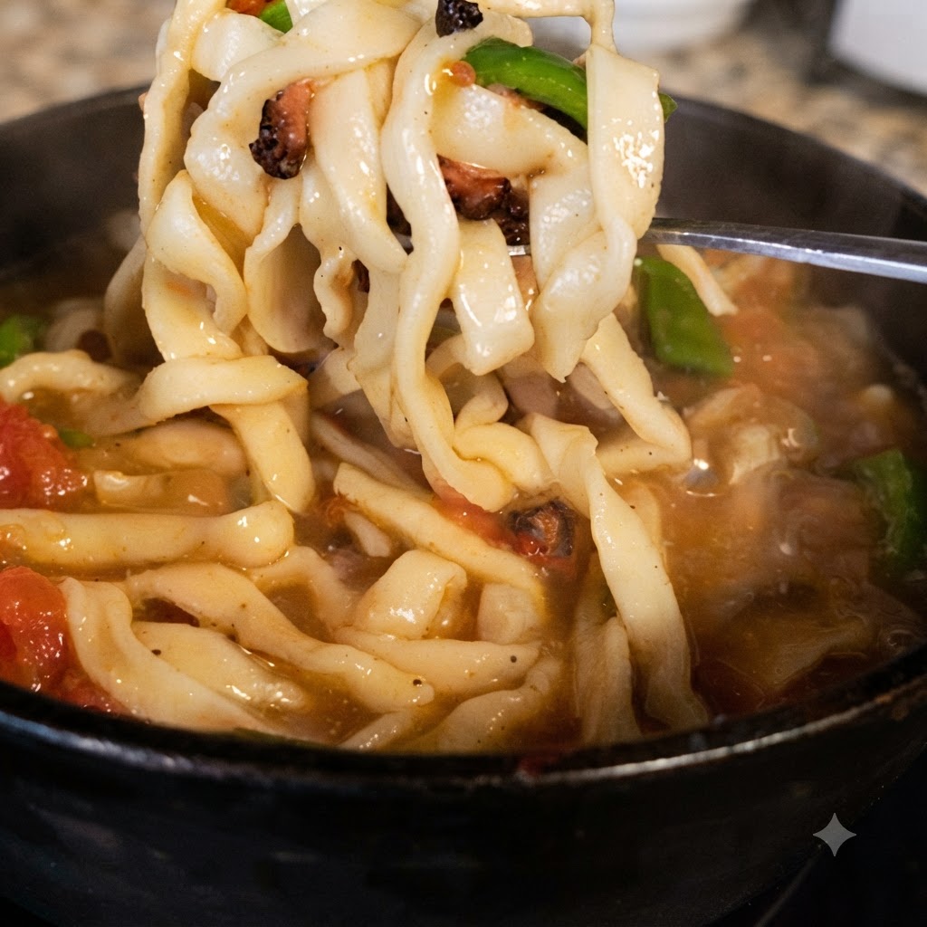沸騰したスープの中から、箸で手打ち麺を持ち上げている様子。