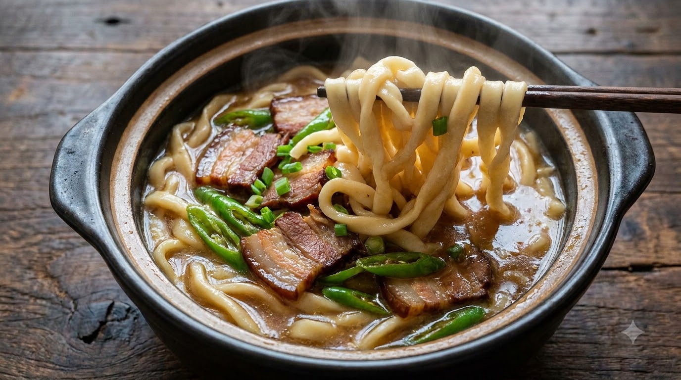 燻製豚バラ肉と手打ち麺の素朴なスープ