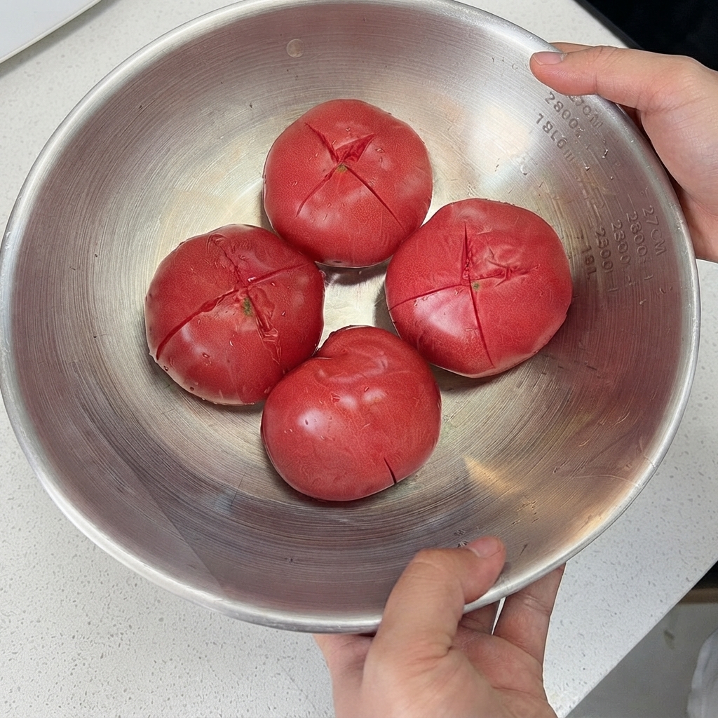 大きな金属製のボウルに入った、ヘタ側に十字の切れ目が入った4つの新鮮なトマト