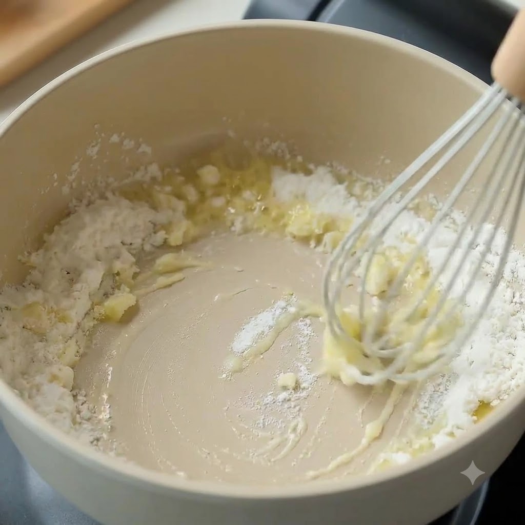 鍋の中で溶けたバターに小麦粉を泡立て器で混ぜ合わせ、ルーを作っている様子。