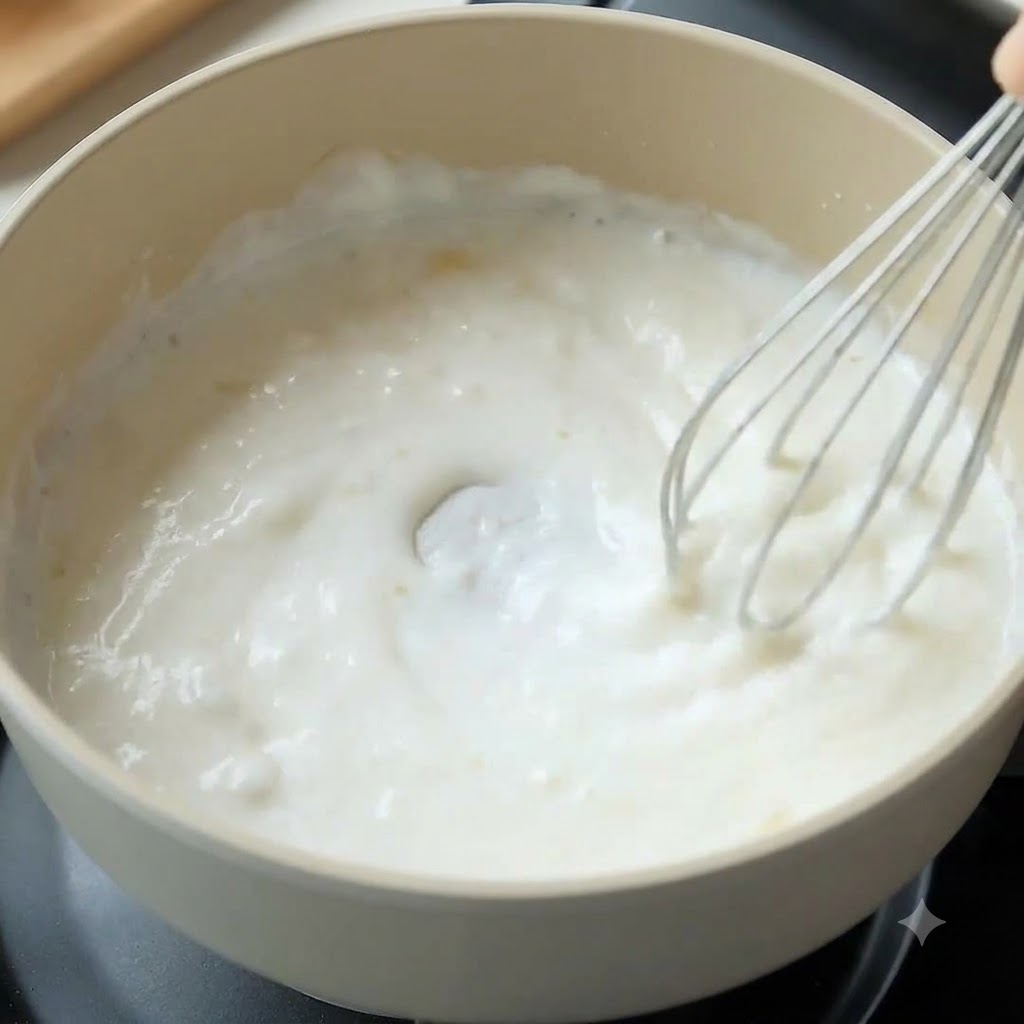 明るい色の手鍋の中で、泡立て器を使って牛乳と小麦粉の混合物を混ぜ、ホワイトソースを作っている様子。