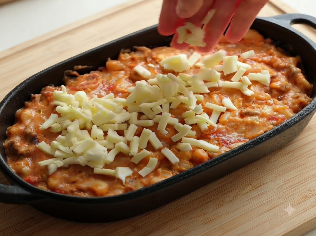 黒い耐熱皿に入ったパスタの上に、手でシュレッドモッツァレラチーズを均等に散りばめている様子。