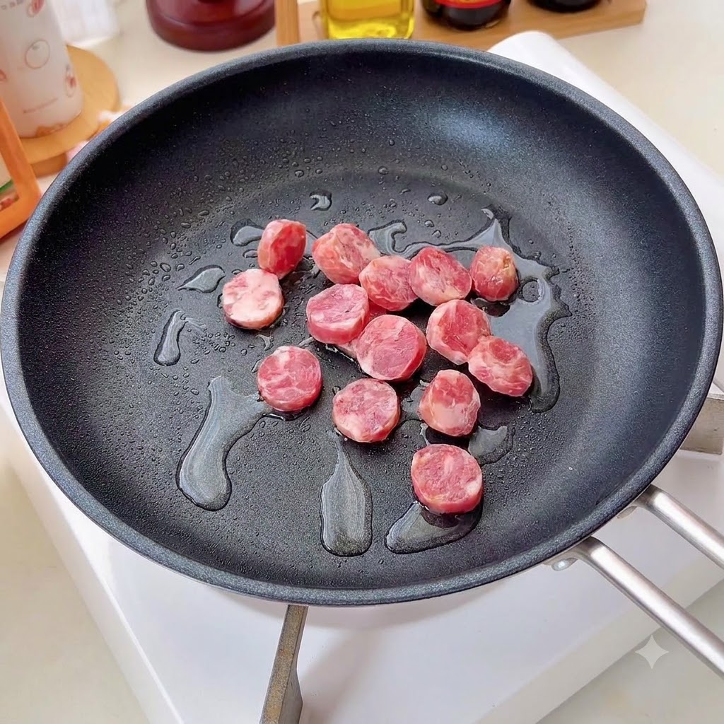中火にかけたフライパンで油と一緒に炒められているソーセージ。