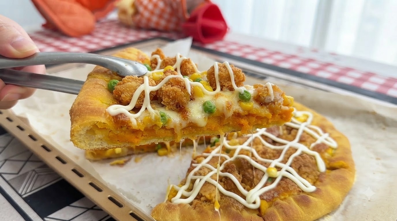 鮮やかなさつまいもの耳と豊かな具材が食欲をそそる、焼き立ての塩化卵黄チキンピザ。