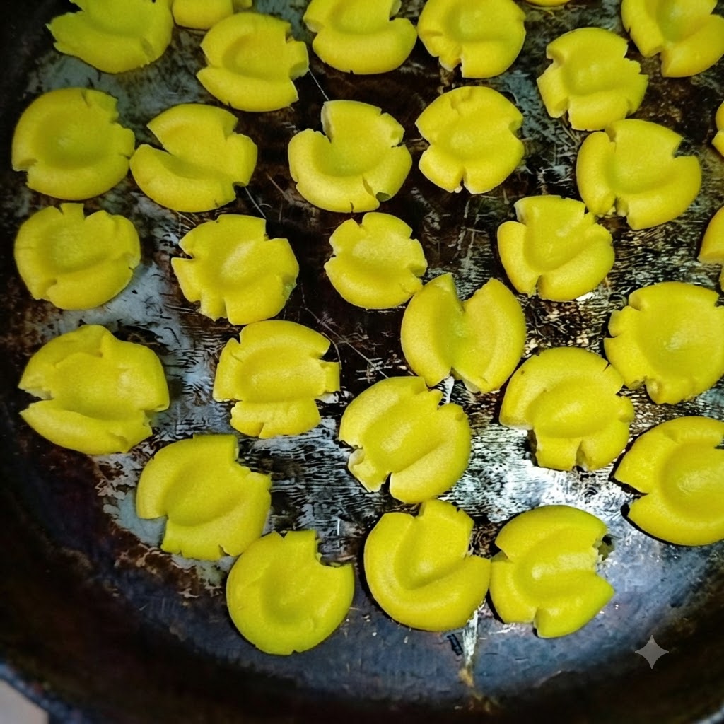 テフロン加工のフライパンの中に並べられた、焼成前のマーガレットクッキー生地。