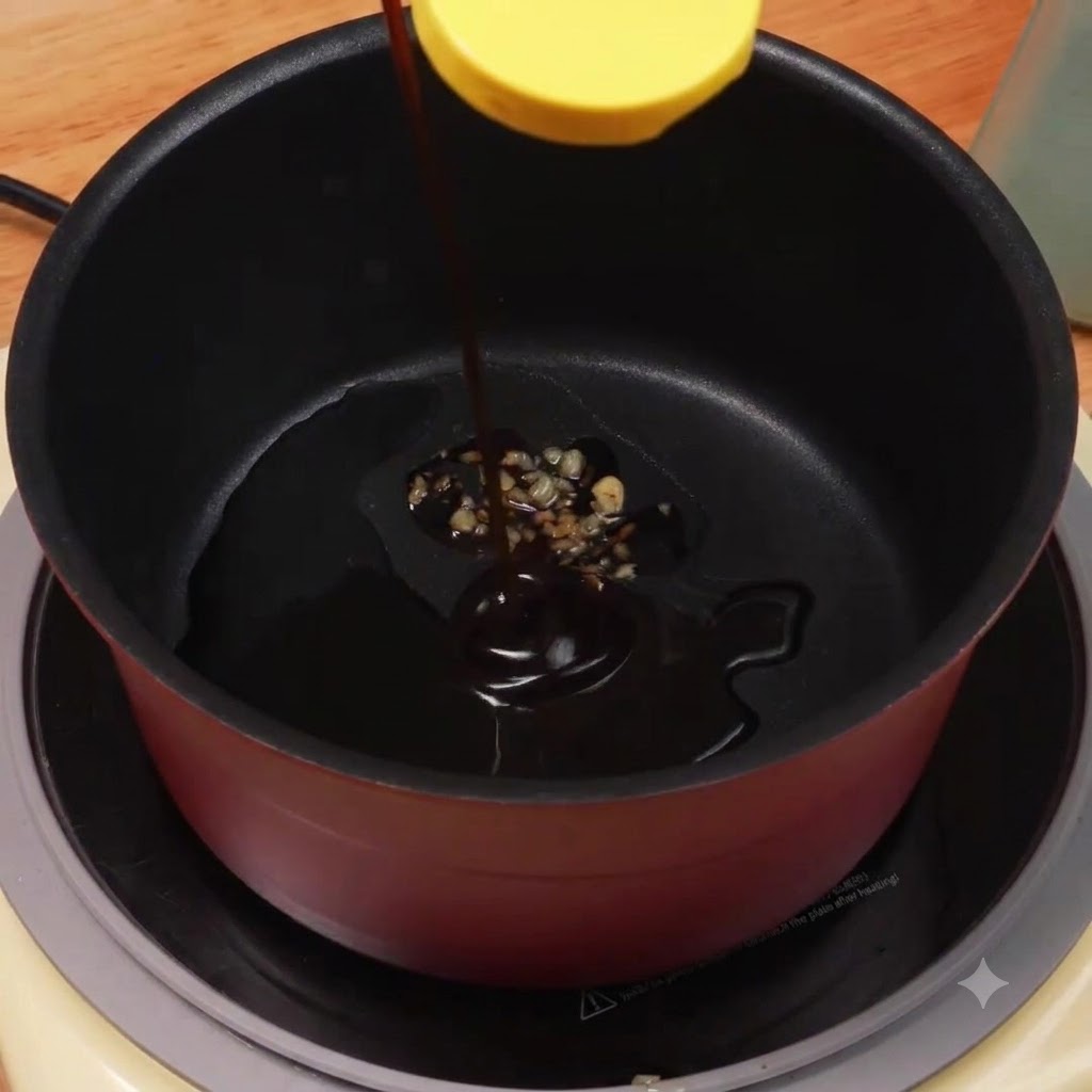 鍋の中の調味料に代替甘味料を加えている様子。