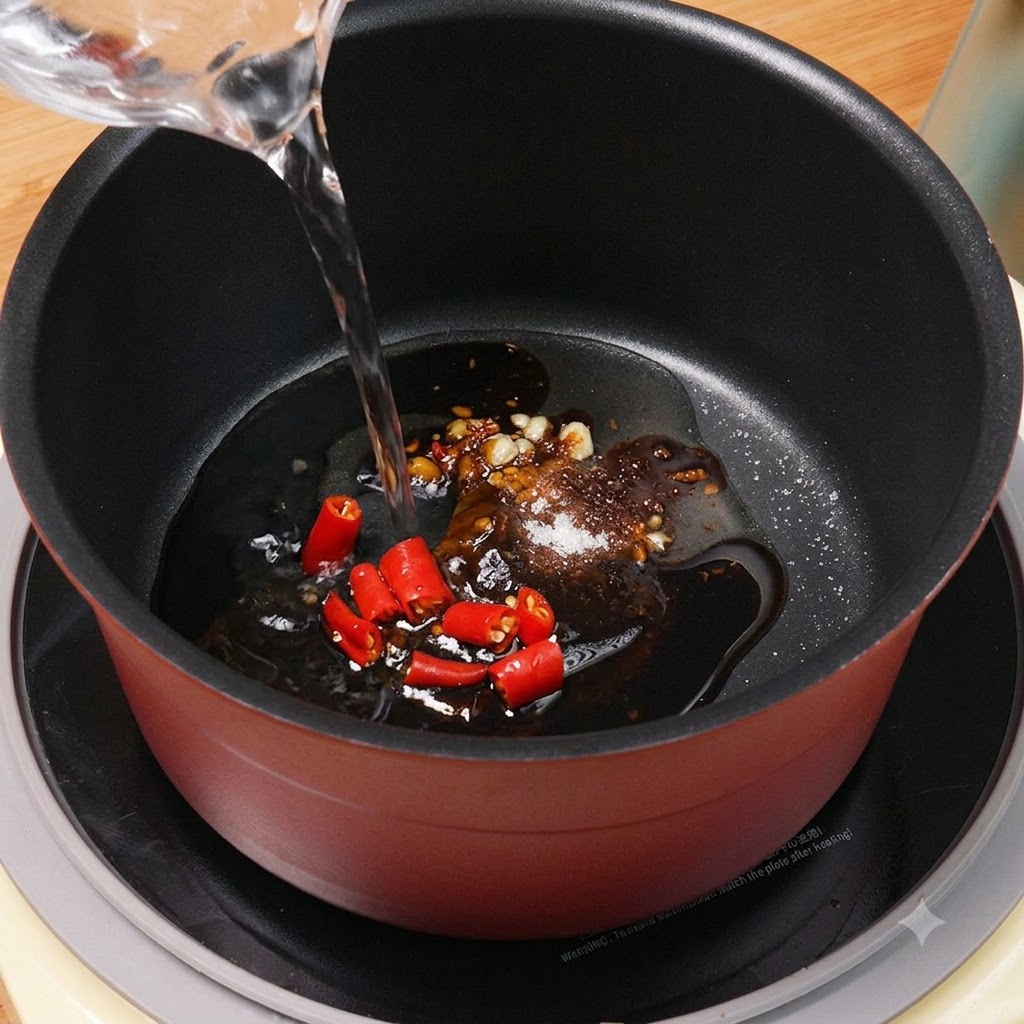 計量カップから100mlの水を鍋の中の調味料と唐辛子に注ぎ入れている様子。