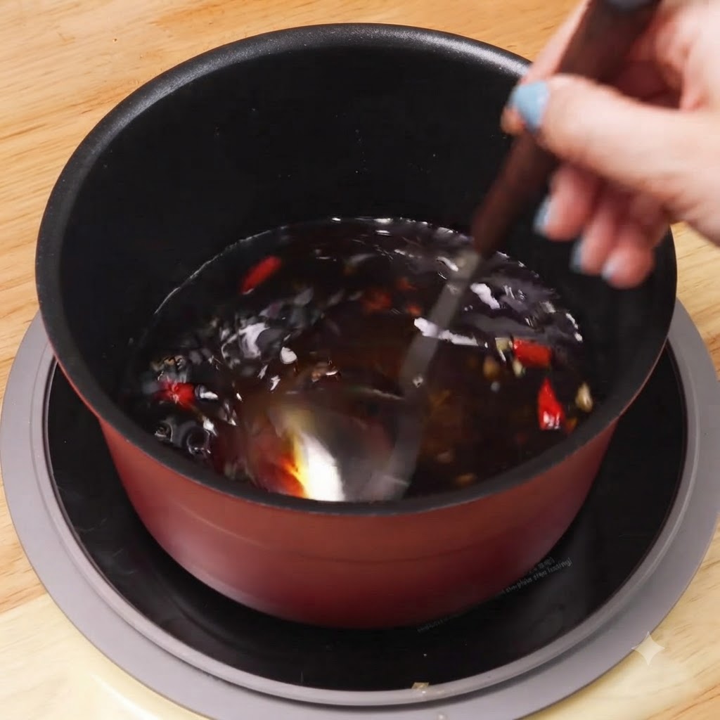 赤い鍋の中で、お玉を使って濃い色のタレを混ぜ合わせている様子。
