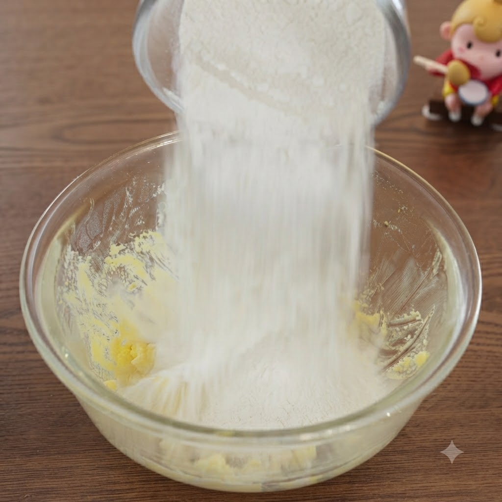 ガラス容器から小麦粉とコーンスターチをミキシングボウルに注いでいるところ。