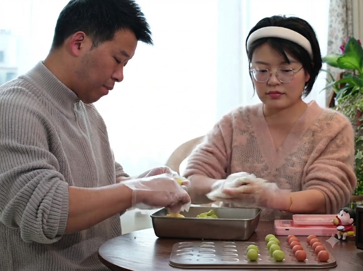 手袋をした男女が、テーブルの上で色付きのクッキー生地の小片を丸めているところ。