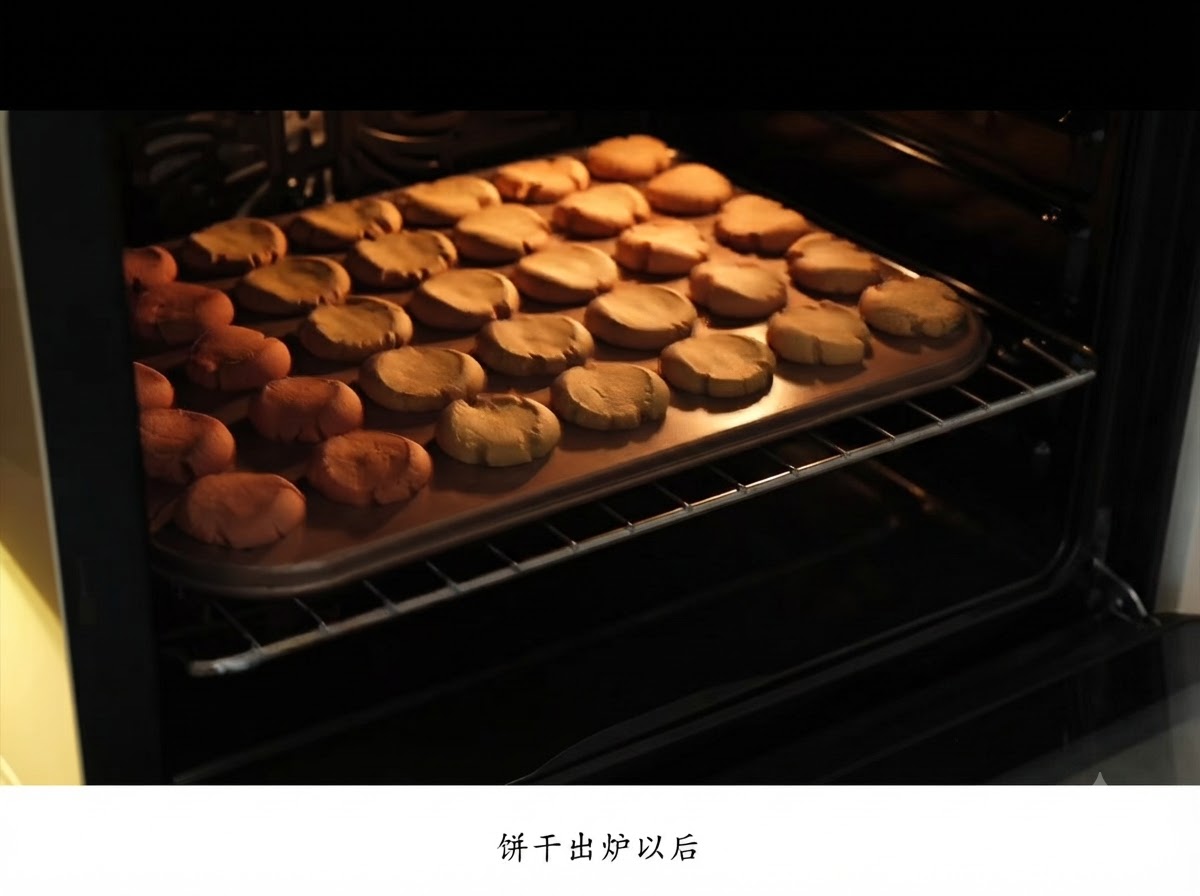 オーの暗い内部から引き出された、きつね色に焼き上がったクッキーのトレイ。