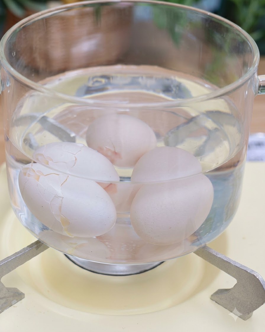 コンロの上の鍋の水に沈められて茹でられている卵。