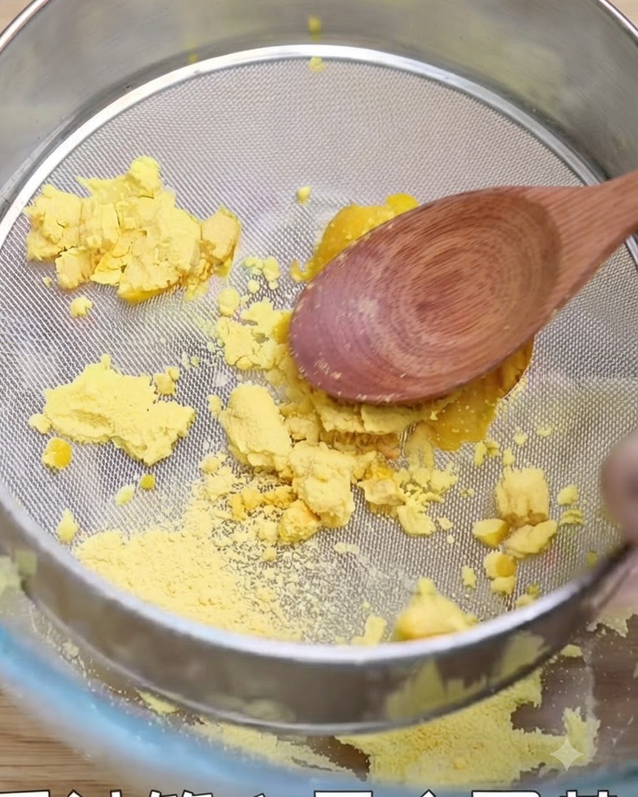 木べらを使って、茹でた卵黄をボウルに向かって金網の裏ごし器に押し通している様子。