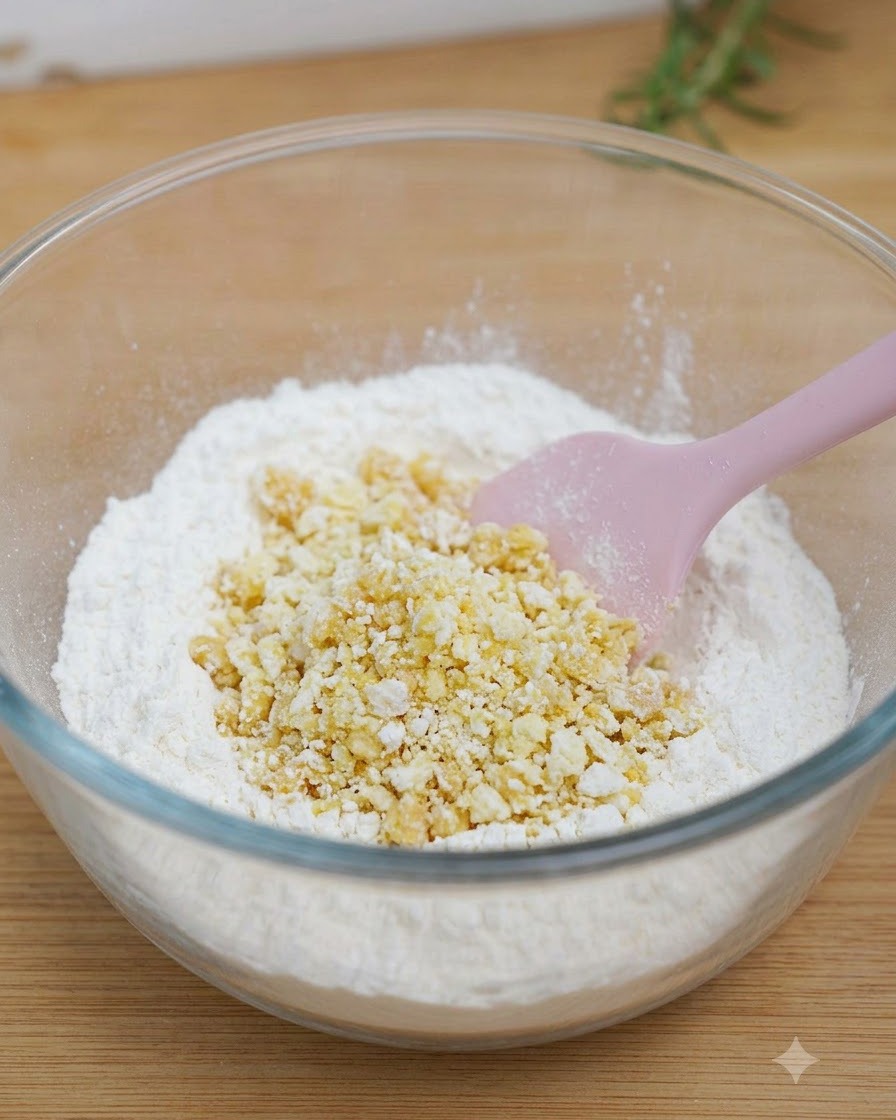 小麦粉やその他の材料が入ったボウルをスパチュラで混ぜ合わせている様子。