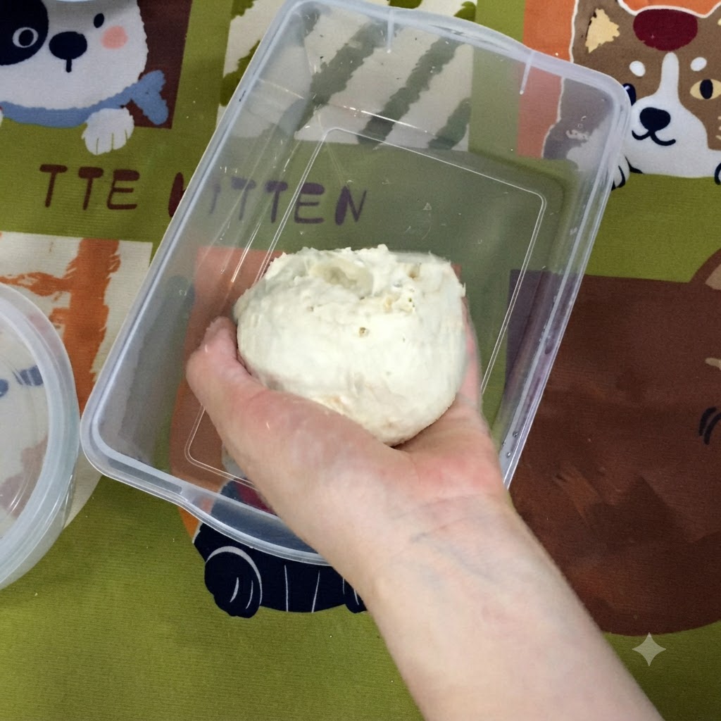 滑らかな丸い形の生地を長方形のプラスチック製クリスパー容器に手で入れている様子。