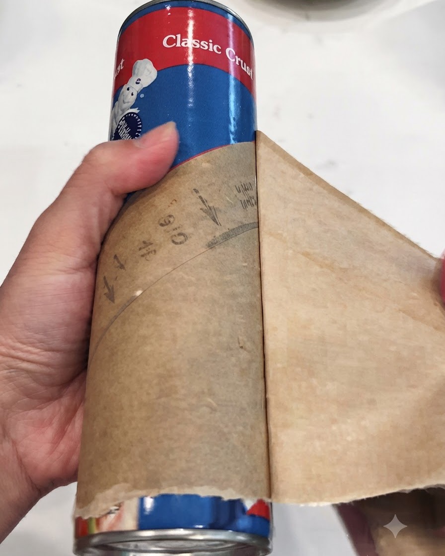 段ボールの容器からクッキングシートの上に缶入りピザ生地を広げている手。