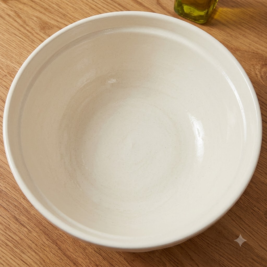 白いボウルにぬるま湯、イースト、オリーブオイル、小麦粉を入れた様子。