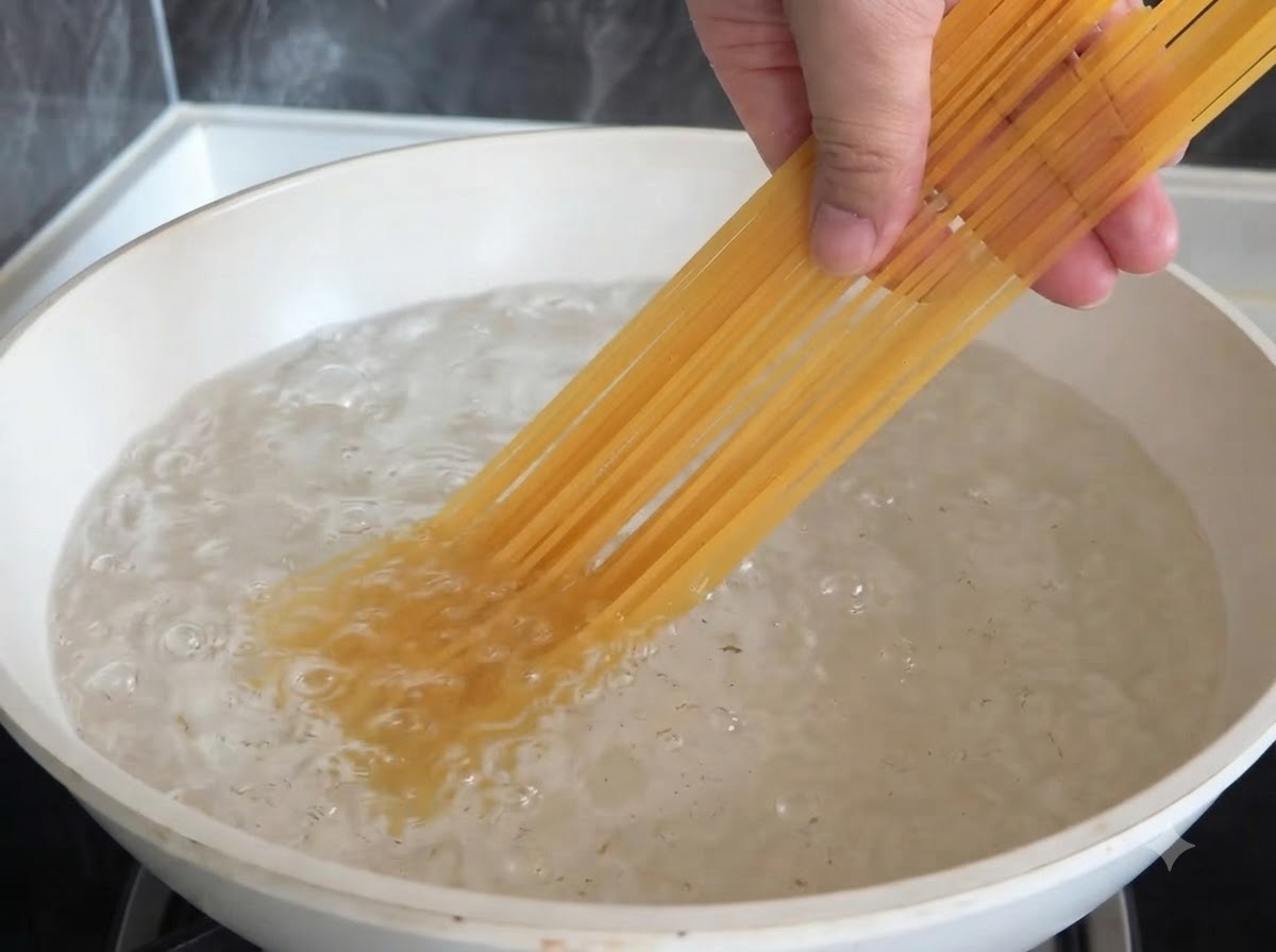 白い鍋の沸騰したお湯の中に、乾燥したロングパスタのスパゲッティを入れている手。
