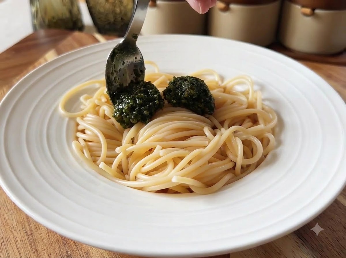 白いお皿にきれいに盛られた温かい茹でスパゲッティの上に、スプーンで鮮やかな緑色のバジルペストを加えている様子。