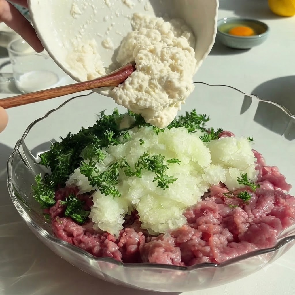 白いボウルから、牛乳を含んだしっとりとしたパン粉の混合物が、味付けされたひき肉とハーブの入ったボウルに注がれている様子。
