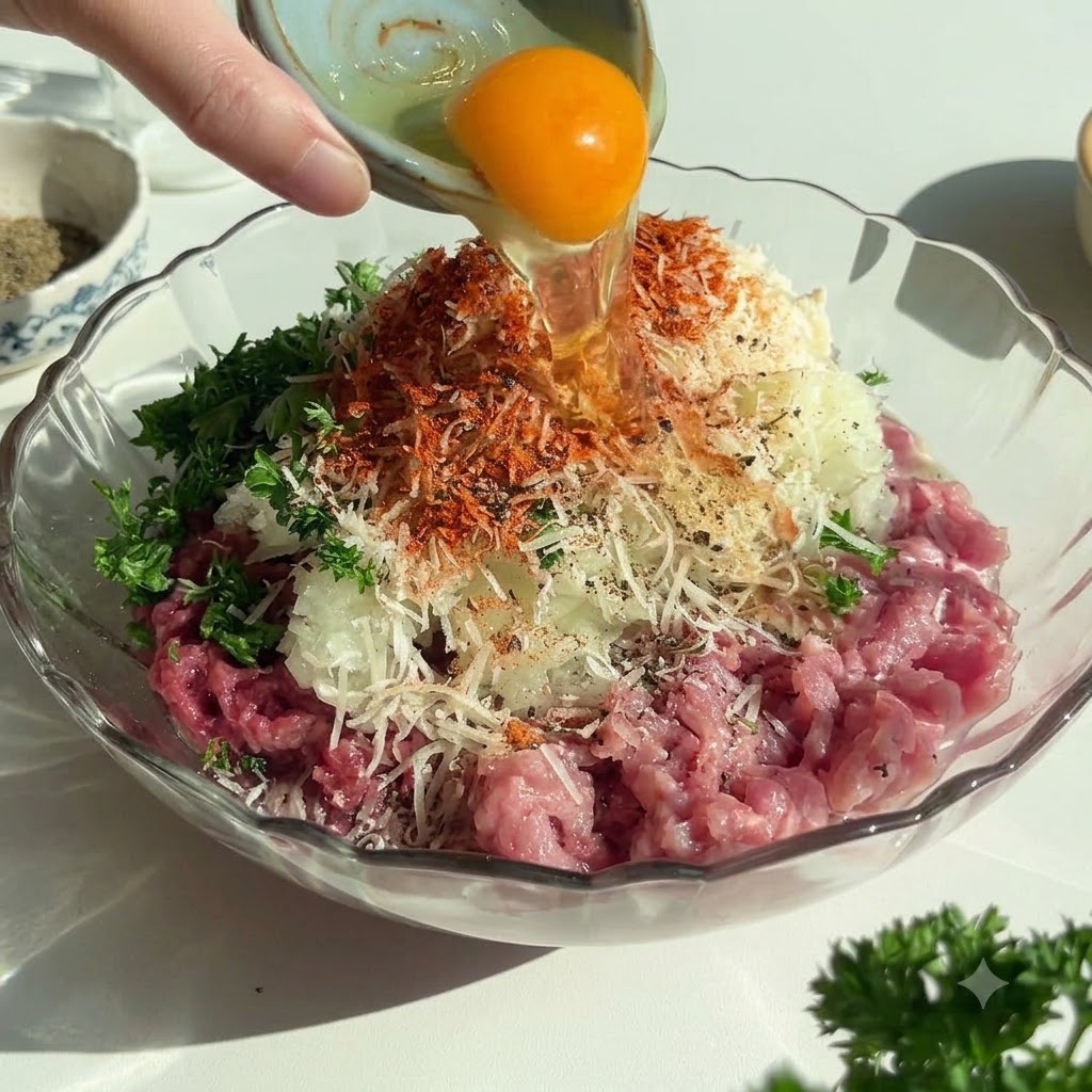 ガラスボウルの中にある味付けされた肉の混合物の中心に、生の卵が割って入れられている様子。