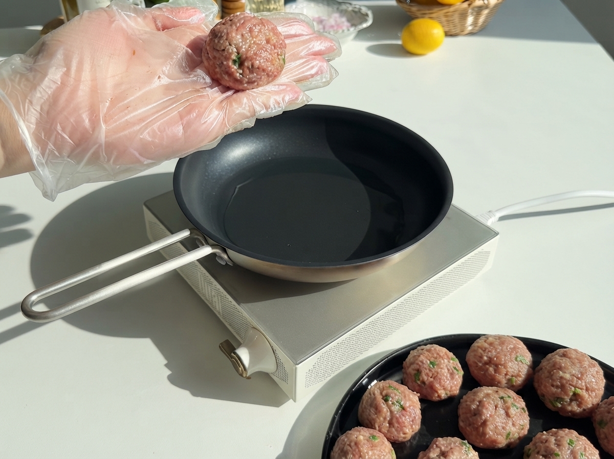 食品用手袋を着用した手が、丸められた生のミートボールを持ち、油をひいた空のフライパンと成形済みのミートボールが並んだ皿のそばにある様子。