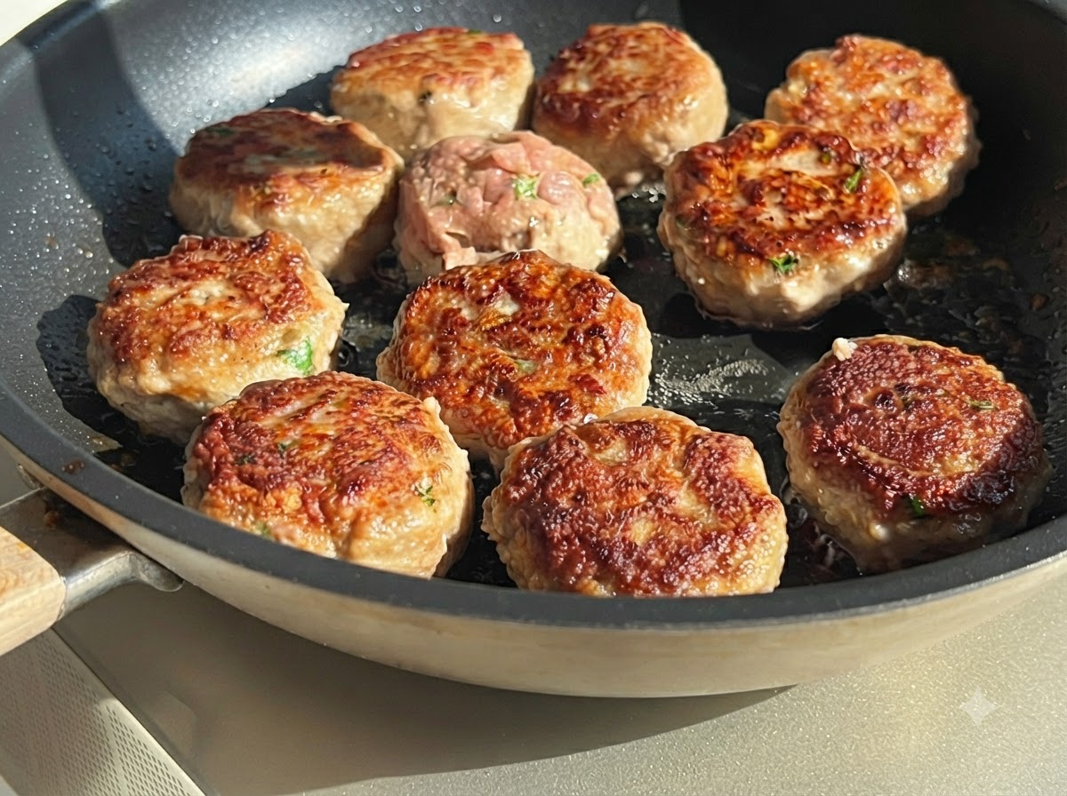 フライパンで揚げ焼きにされているミートボール。一部は裏返され、きつね色でカリッとした香ばしい焼き色が確認できる様子。