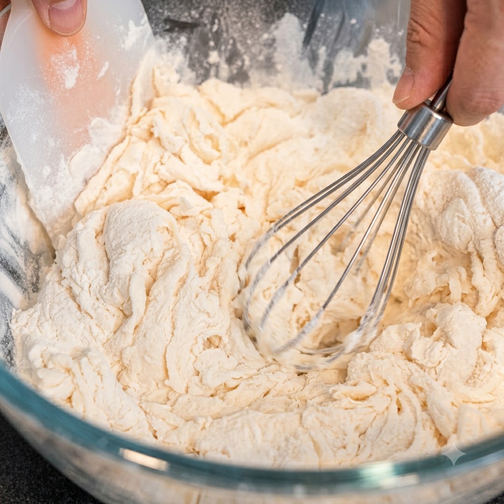 ガラスボウルの中で、泡立て器とスパチュラを使ってドライイーストと小麦粉を混ぜ合わせている様子。