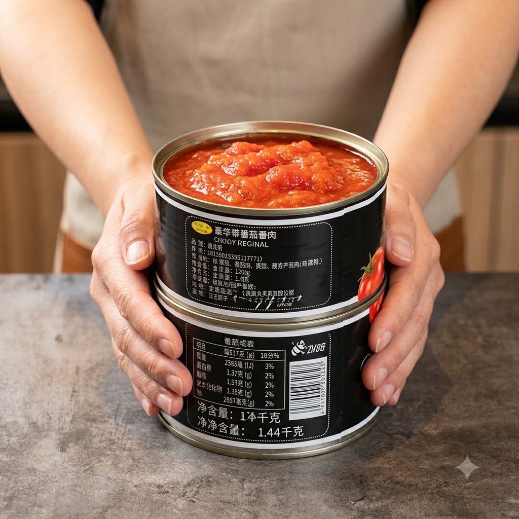 2つ積み重ねられたホールトマト缶を手に持っている様子。