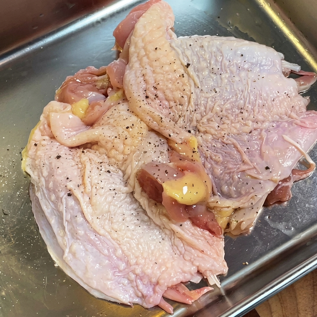黒こしょう、塩、ローズマリーで下味をつけた生チキンもも肉が金属製のトレイに入っている様子。