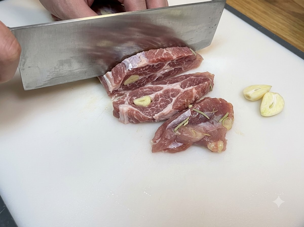 白いまな板の上で、大きな包丁を使って下味をつけた生の鶏肉を細長くスライスしている手元。