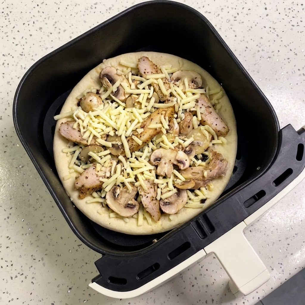 組み立て終わった生のピザが、焼き上げるために黒いエアフライヤーのバスケットに入れられている様子。