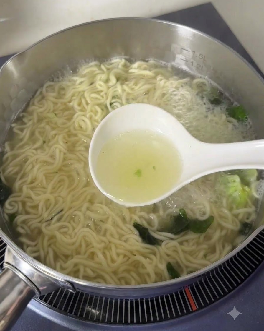 麺を茹でている別の鍋から、おたまを使って熱い茹で汁をすくっている様子。